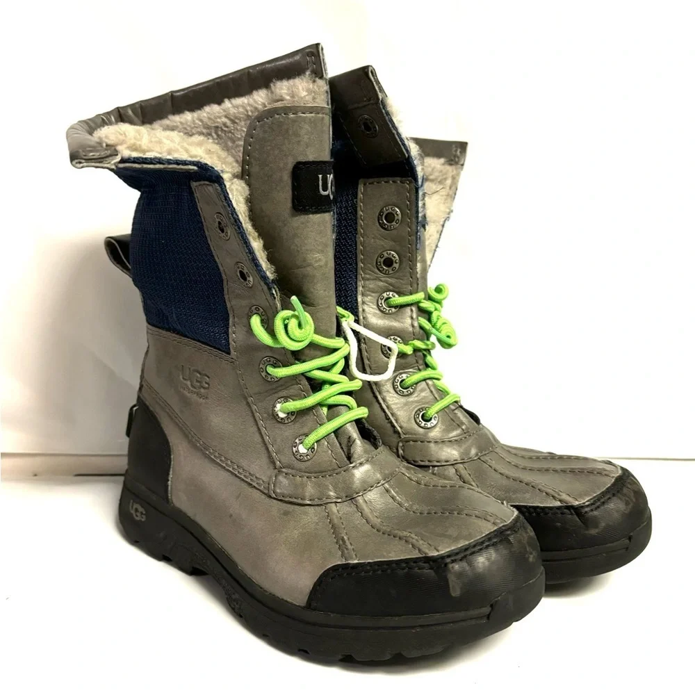 UGG Butte II Grey Gray Leather Short Snow Boots Size 1 Unisex Boys Girls‎